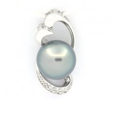 Rhodiated Sterling Silver Pendant and 1 Tahitian Pearl Round C 9.4 mm