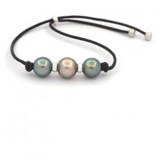 Leather Bracelet and 3 Tahitian Pearls Round CD 10.2 and 10.7 mm