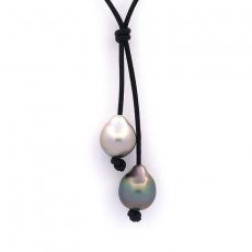 Leather Necklace and 2 Tahitian Pearls Semi-Baroque B/C from 9.2 to 10.3 mm