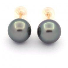 18k solid Gold Earrings and 2 Tahitian Pearls Near-Round 1 A & 1 B 9.3 mm