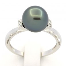 Rhodiated Sterling Silver Ring and 1 Tahitian Pearl Round B 9.3 mm