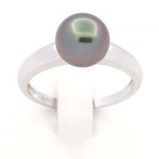 Rhodiated Sterling Silver Ring and 1 Tahitian Pearl Round B 8.7 mm