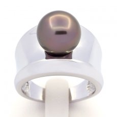 Rhodiated Sterling Silver Ring and 1 Tahitian Pearl Round B 10.8 mm