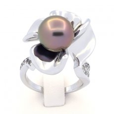 Rhodiated Sterling Silver Ring and 1 Tahitian Pearl Round B/C 10 mm