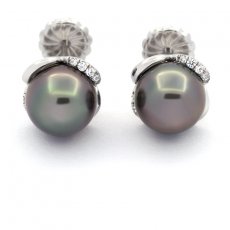 Rhodiated Sterling Silver Earrings and 2 Tahitian Pearls Near Rounds B 8.8 mm