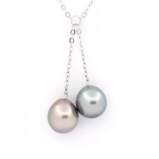 Rhodiated Sterling Silver Necklace and 2 Tahitian Pearls Semi-Baroque 1 B & 1 C 9.5 mm
