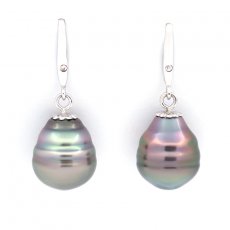 Rhodiated Sterling Silver Earrings and 2 Tahitian Pearls Ringed B & C 10.5 mm