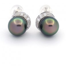 Rhodiated Sterling Silver Earrings and 2 Tahitian Pearls Near Rounds C 9.5 mm