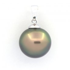 Rhodiated Sterling Silver Pendant and 1 Tahitian Pearl Semi-Baroque C 12.8 mm