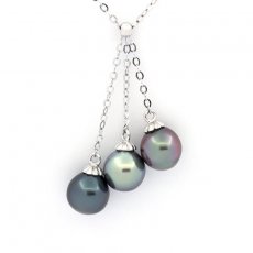 Rhodiated Sterling Silver Necklace and 3 Tahitian Pearls Semi-Baroque C 8.6 to 8.8 mm