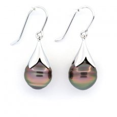 Rhodiated Sterling Silver Earrings and 2 Tahitian Pearls Ringed C 10.6 mm