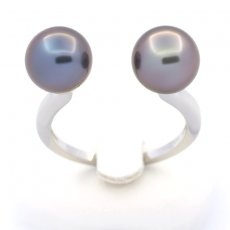 Rhodiated Sterling Silver Ring and 2 Tahitian Pearls Near-Rounds C 8.4 mm