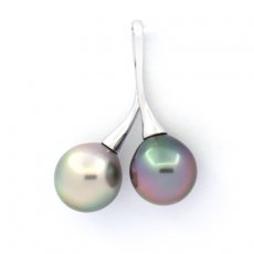 Rhodiated Sterling Silver Pendant and 2 Tahitian Pearls Semi-Baroque B 9.5 mm