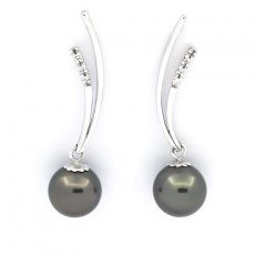Rhodiated Sterling Silver Earrings and 2 Tahitian Pearls Round C 9.3 mm