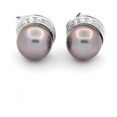 Rhodiated Sterling Silver Earrings and 2 Tahitian Pearls Near Rounds C 9.1 mm