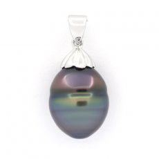 Rhodiated Sterling Silver Pendant and 1 Tahitian Pearl Ringed C 12.9 mm