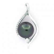 Rhodiated Sterling Silver Pendant and 1 Tahitian Pearl Near-Round B 9.2 mm