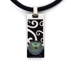 Stainless Steel Pendant, Neoprene Necklace and 1 Tahitian Pearl Round C 9.7 mm