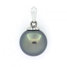 18K solid White Gold Pendant and 1 Tahitian Pearl Round B 12.4 mm