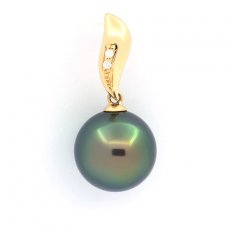 18K solid Gold Pendant + 2 diamonds and 1 Tahitian Pearl Round B+ 11.6 mm