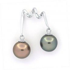 Rhodiated Sterling Silver Pendant and 2 Tahitian Pearls Near-Round B/C 10.1 and 10.3 mm