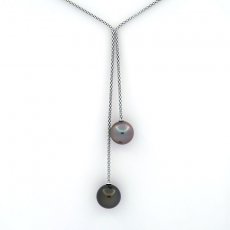 Rhodiated Sterling Silver Necklace and 2 Tahitian Pearls Round C 11.6 and 12 mm