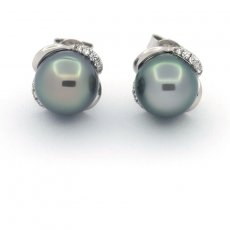 Rhodiated Sterling Silver Earrings and 2 Tahitian Pearls Near-Round C 8.8 mm