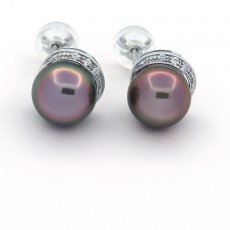 Rhodiated Sterling Silver Earrings and 2 Tahitian Pearls Semi-Baroque B 9.7 mm