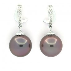 Rhodiated Sterling Silver Earrings and 2 Tahitian Pearls Round C 11.5 mm