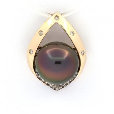 14K Solid Gold Pendant + 12 Diamonds and 1 Tahitian Pearl Round B 10.3 mm