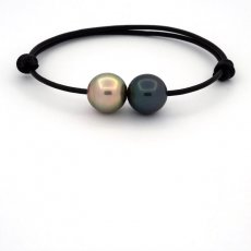 Leather Bracelet and 2 Tahitian Pearls Semi-Baroque C 11.6 mm