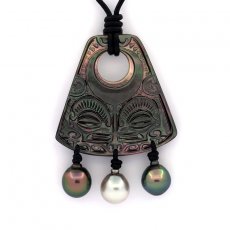 Mother-of-Pearl pendant and 3 Tahitian Pearls Semi-Baroque B/C from 9.6 to 9.9 mm