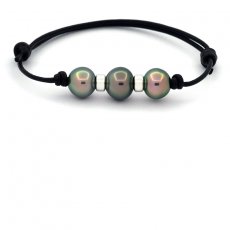 Leather Bracelet and 3 Tahitian Pearls Semi-Baroque C from 10.6 to 11.2 mm