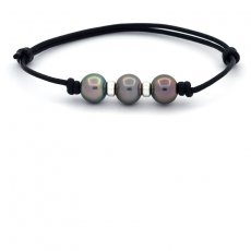 Leather Bracelet and 3 Tahitian Pearls Semi-Baroque C from 9.4 to 9.8 mm