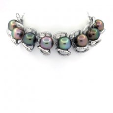 Rhodiated Sterling Silver Bracelet and 8 Tahitian Pearls Semi-Baroque C+ from 9.5 to 10 mm