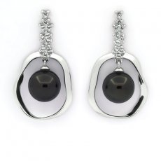 Rhodiated Sterling Silver Earrings and 2 Tahitian Pearls 1 Round & 1 Near-Round C 9.6 and 9.7 mm