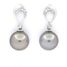 Rhodiated Sterling Silver Earrings and 2 Tahitian Pearls 1 Round & 1 Near-Round B/C 9.7 and 9.9 mm