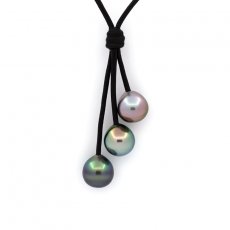 Leather Necklace and 3 Tahitian Pearls Semi-Baroque C from 9.8 to 9.9 mm