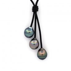 Leather Necklace and 3 Tahitian Pearls Ringed C from 10.8 to 10.9 mm