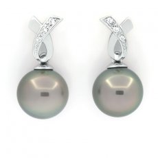 Rhodiated Sterling Silver Earrings and 2 Tahitian Pearls 1 Round & 1 Near-Round B/C 9.1 and 9.3 mm