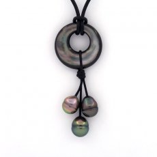 Leather Necklace and 3 Tahitian Pearls Ringed B from 8.9 to 9.4 mm