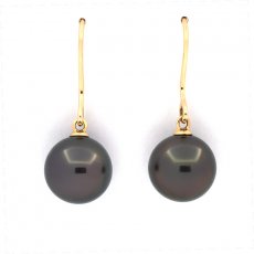 18K solid Gold Earrings and 2 Tahitian Pearls Round B/C 10.1 mm