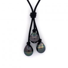 Leather Necklace and 3 Tahitian Pearls Ringed C from 10.5 to 10.8 mm