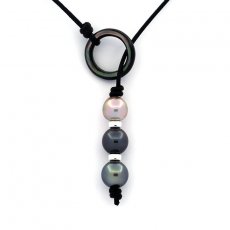 Leather Necklace and 3 Tahitian Pearls Semi-Baroque C from 9.2 to 10.3 mm