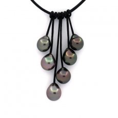 Leather Necklace and 6 Tahitian Pearls Semi-Baroque B/C from 8.6 to 9.4 mm
