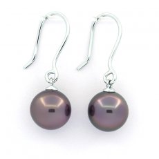 Rhodiated Sterling Silver Earrings and 2 Tahitian Pearls Round BC 9.1 mm