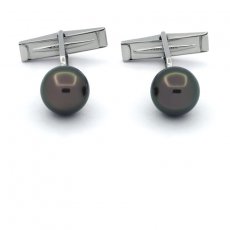 Rhodiated Sterling Silver Cufflinks and 2 Tahitian Pearls Round C 10.5 mm