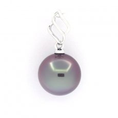 18K solid White Gold Pendant and 1 Tahitian Pearl Round B 10 mm