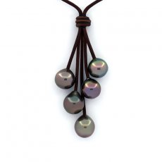Leather Necklace and 5 Tahitian Pearls Semi-Baroque B/C from 10 to 10.3 mm