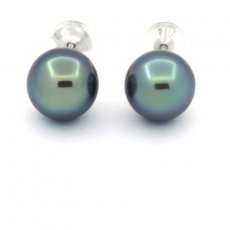 18K Solid White Gold Earrings and 2 Tahitian Pearls Round B/C 8.5 and 8.7 mm